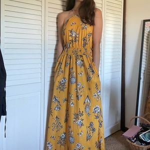 Long yellow flower patterned dress